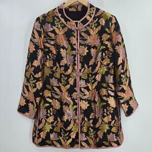 Vintage Women Asian Silky Embroidered Brocade Floral Mandarin Collar Jacket M